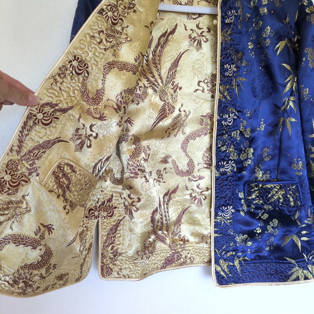 VTG Reversible Chinese Brocade Jacket Dragon Phoenix Frog Closure L 80s 90s Tang - Picture 5 of 9